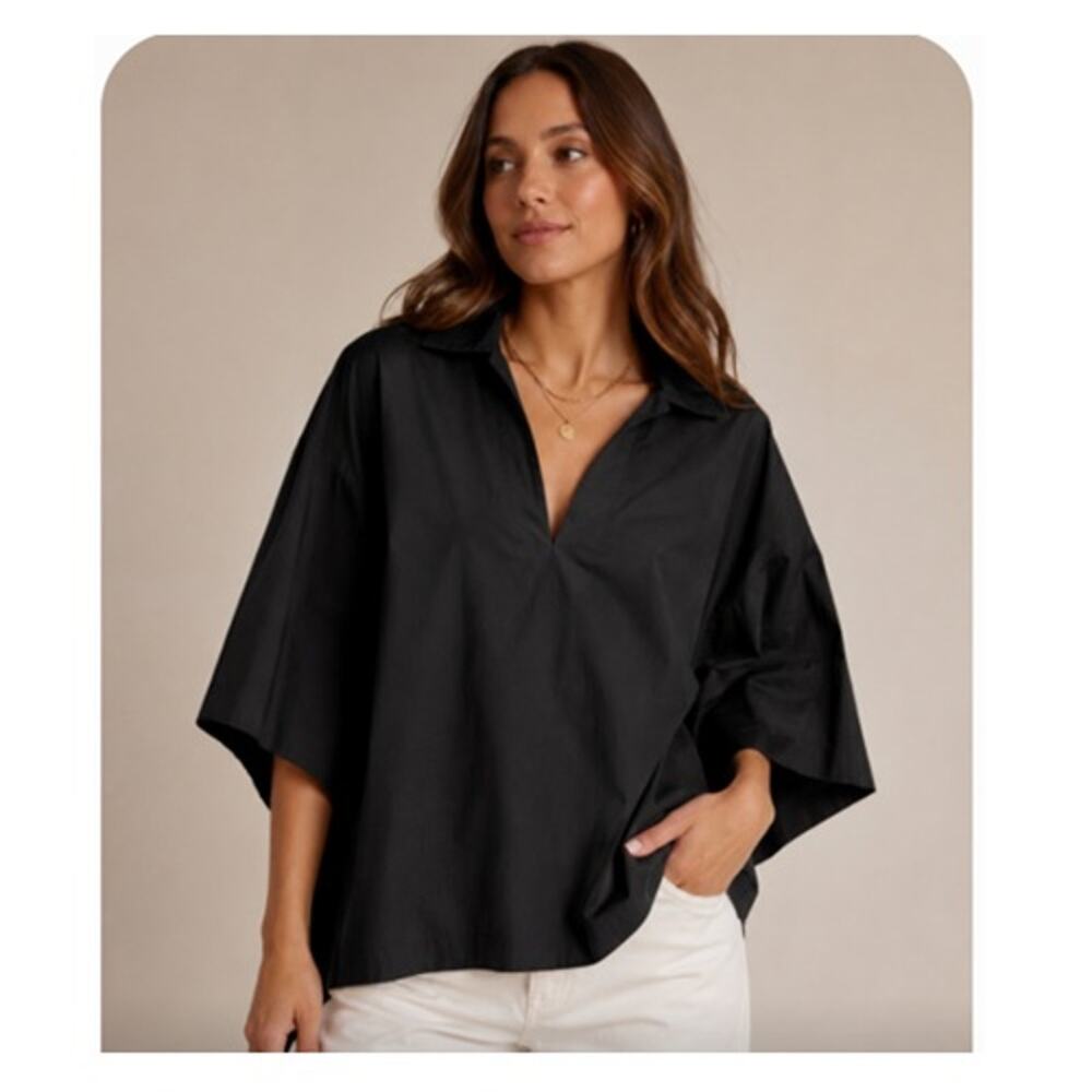 Frame Channing Blouse Womens L Black 100% Cotton Poplin Popover Oversized Top